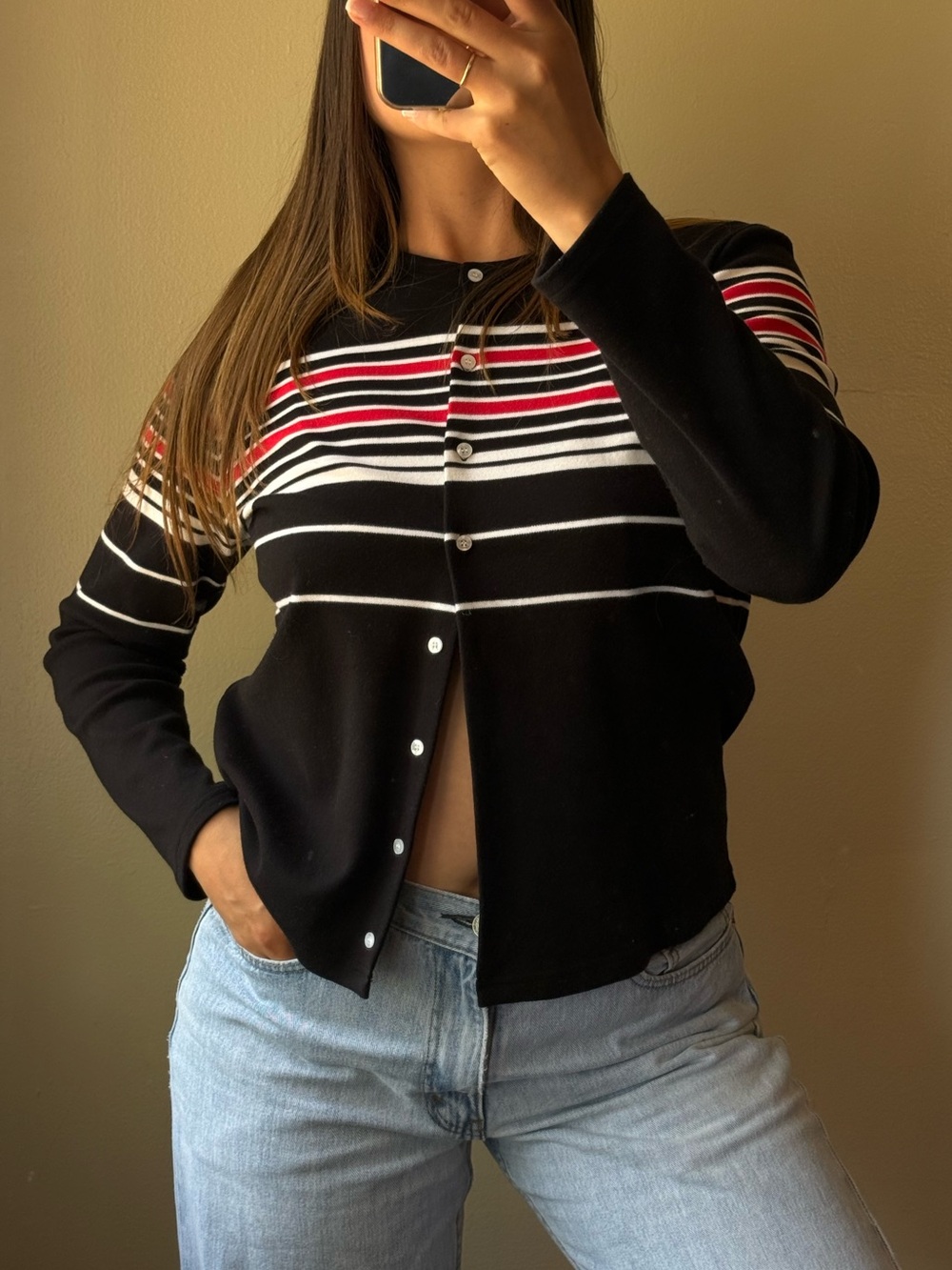 Jones Wear Black Striped Button-Up Cardigan with Red & White Accents